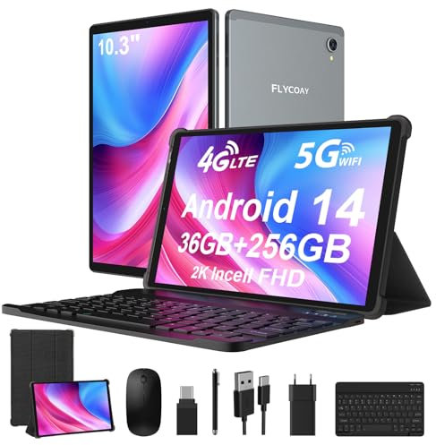 FLYCOAY 2K Tablet 10,4 pulgadas, 4G LTE+5G WiFi, 36GB RAM+256GB ROM (2TB TF), Android 14, Octa-Core 2.0 GHz, 2000 x 1200 FHD, 8000mAh, 13MP+8MP, GPS/BT5.0, Tableta con teclado (Gris)