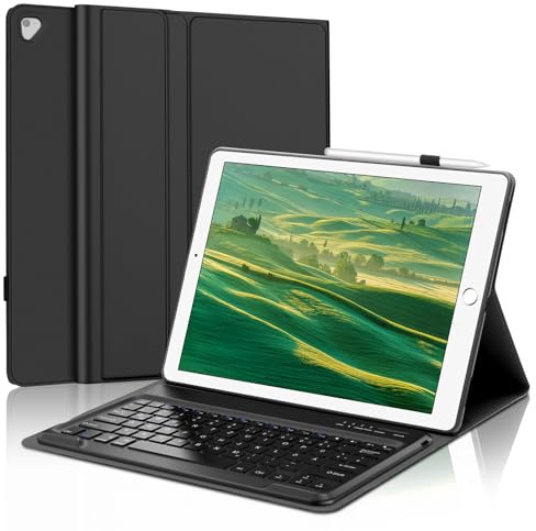 FOGARI Tangentbordsfodral för iPad Pro 12,9 2. generation/1:a generationen, tangentbord för iPad Pro 12.9 2017/2015 – tysk QWERTZ-layout magnetiskt avtagbart tangentbord, svart