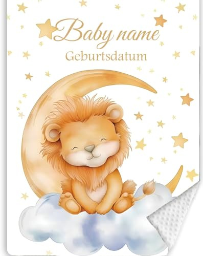 Babydecke mit Namen und Geburtsdatum kuschelig weich Baby Decken Neugeborenen,Flauschige Warme Krabbeldecke für Kinder Kleinkinder Mädchen Junge Baby Shower Deko Babyparty(Löwe 1)