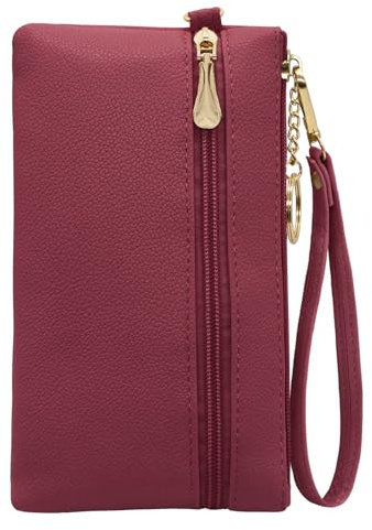 LJCZKA Leather Wristlet Wallet for Women Men Clutch Handbags Purses Large Capacity Cellphone Credit Card Holder Pocket Bag with Wrist Strap, Keychain (Red)