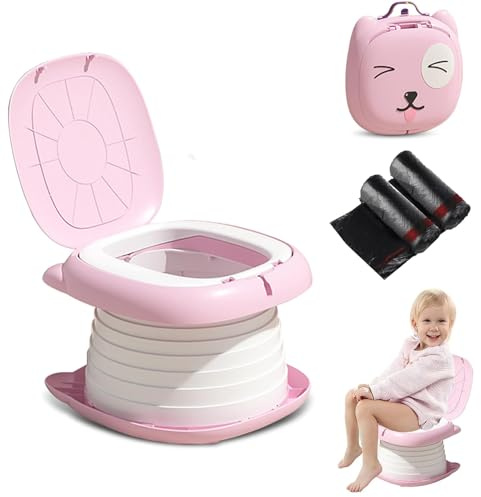 Travel Potty for Toddlers, 3-in-1 Portable Foldable Training Toilet Seat with Disposable Bags, Kids Potty Chair for Indoor, Outdoor & Car Journeys (Baby Boy/Girl) (Pink)