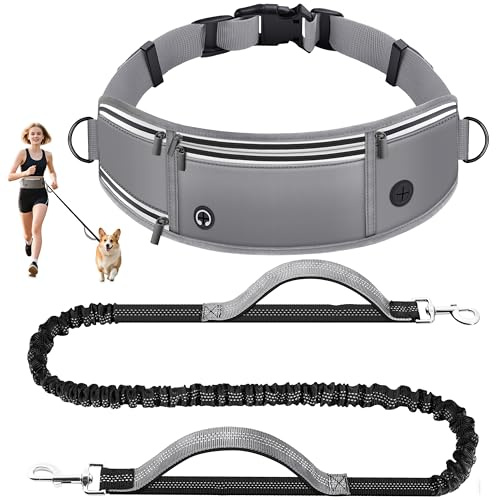 Looxmeer Laisse Canicross Chien, Laisse Main Libre pour Chiens, Longe de Jogging Élastique 160-220cm, Anti-tirons, Réfléchissant, Ceinture Réglable, Double Poignée pour Course à Pied, Marche