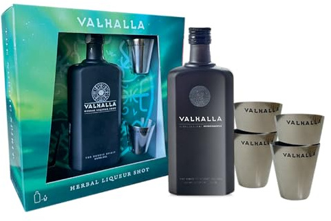 Valhalla, Liquore alle Erbe, 500 ml, Confezione Regalo con 4 Bicchierini in Metallo, Liquore Finlandese a Base di Vodka, Note Amare e Agrumate, Sapore Dolce e Forte, Botaniche Selezionate, 35% Vol.