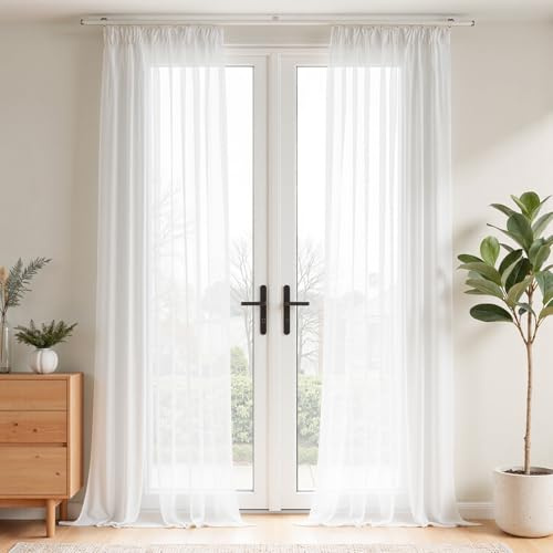 Vangao Gardinen mit Kräuselband für Schienensystem 2er Set H245xB140cm Weiß | Vorhang 245 cm Lang, Voile Vorhänge Wohnzimmer Weiss Halbtransparent Lichtdurchlässig für Schlafzimmer Fenster Sheer Curtains