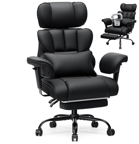 HOFFREE Ergonomischer Bürostuhl für schwergewichtige Personen bis 200kg – PU Leder Chefsessel mit Fußstütze, Hoher Rückenlehne, Verstellbaren Armlehnen und Lendenwirbelstütze in Schwarz