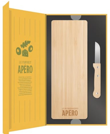 WDMT Juego de regalo de tabla de borrel – Tabla de servir de bambú y cuchillo de queso con mango de madera – Apto para lavavajillas – Caja de regalo de lujo (forma de libro) – Para tapas de queso