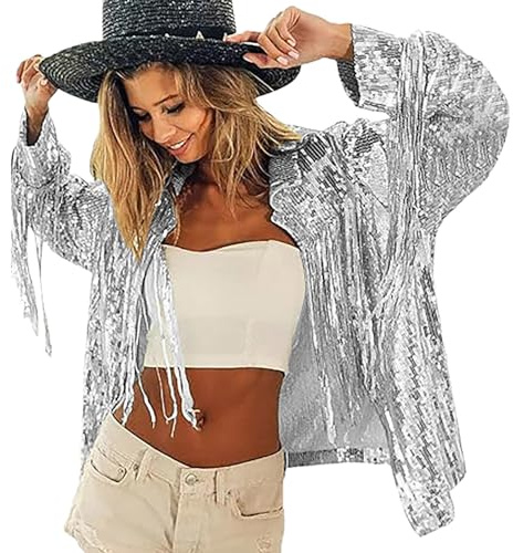 Damen Pailletten Jacke mit Fransen Glitzer Blazer Cardigan Langarm Blazer Offene Vorderseite Party Jacken 70er Jahre Disco Outfit für Karneval Fasching Festival Clubwear 2026