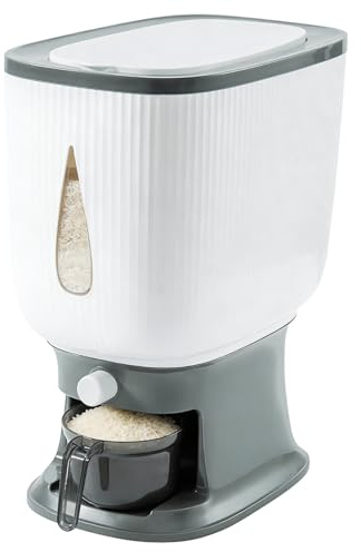 Rice Storage Container - 22lb Airtight Rice Holder with One-Touch Design Cereal Dispenser with Measuring Cup and View Window for Dry Food, for Kitchen Pantry Household, BPA-Free (Grey)