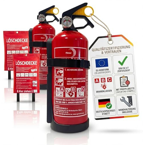 2 Stück Feuerlöscher 1kg Plus 2 Stück Feuerlöschdecken Brandschutz Set