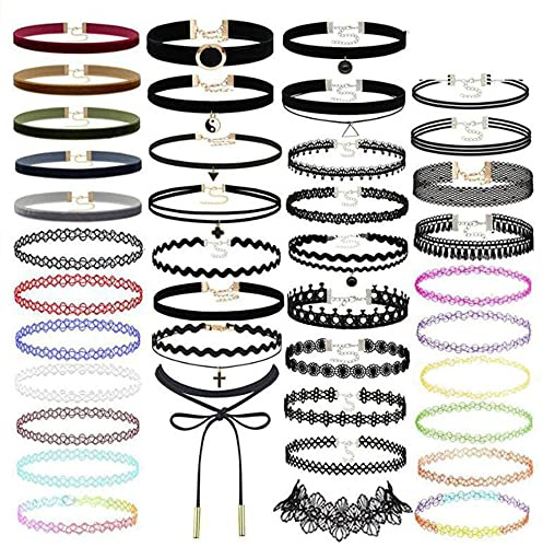 JIAMIAN 40 Stycken Svarta Spetshalsband, Choker Set, Gotiska Kraghalsband Set, Justerbara, Elastiskt Halsband, Henna Halsband, För Kvinnor Och Flickor