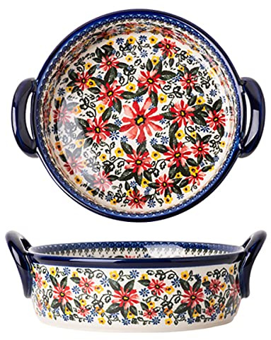 Bicuzat Red Daisy Flower Vintage Style Ceramic Bakeware Casserole Dish Baking Pan Lasagna Pans Baking Dish with Handles for Oven/Cooking/Kitchen-1 PCS, 32 OZ