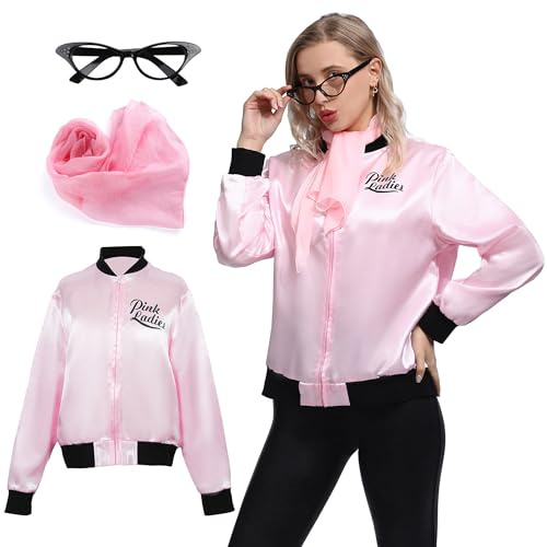Wizland Mujeres Rosa Damas Grasa Chaqueta para Halloween Cosplay Disfraz 1950 Rosa Satén Chaqueta con bufandas de cuello y gafas XL