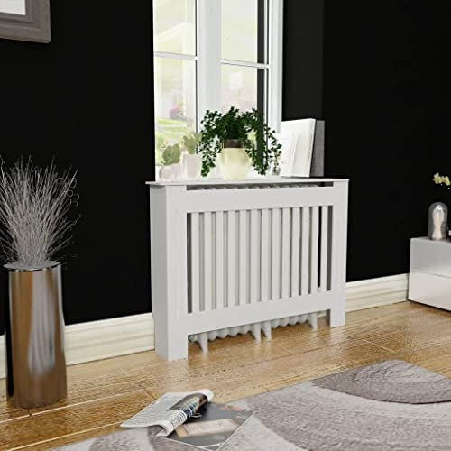 FIRBNUS 112x19x81.5 cm HeizköRperverkleidung HeizköRper Heizungsverkleidung HeizköRperabdeckung LamellentüR Holzgitter Heizungsregal Weiß
