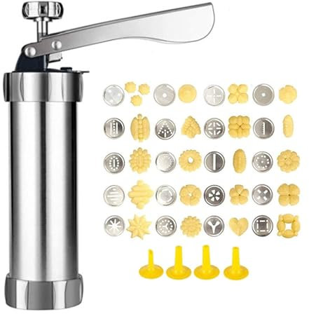 Rurunklee Spritz Cookie Press | Cookie Maker | Cookie Press Kit, Edelstahl Plätzchenpresse mit 20 Plätzchenscheiben und 4 Tüllen, Multifunktionale Plätzchenpresse zum Backen