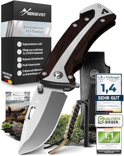BERGKVIST® K29 Cuchillo plegable - Navaja de bolsillo 3 en 1 con rompecristales y cortacinturones para exteriores y supervivencia - Ganadora del premio de Bronze A' Design Award - Mango de ébano