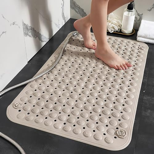 ZAHDMA Duschmatte rutschfest 90x60cm,Antirutschmatte Dusche aus PVC,Beige | mit Saugnäpfen,mit Ablauflöchern,Rechteckig