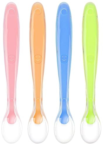 4er-Pack Babylöffel aus Weichem Silikon, Weich Gebogener Babylöffel, Baby, Das Silikonlöffel Einzieht, zum Entwöhnen des Babys und zum Erlernen des Umgangs mit Besteck (4 Farben)