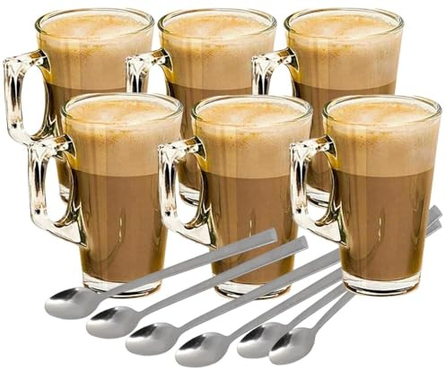 PaulStore 240ml Coffee Glass Mugs and Spoons Set - Insulated Hot Drink Cups Compatible with Nespresso, Tassimo, Dolce Gusto Pod Machines - Cappuccino & Latte Glasses (6)