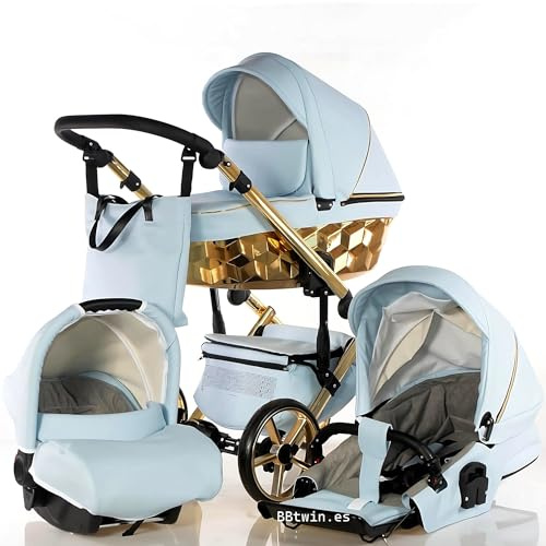 Trio CUBIC Kajtex BBtwin Ecuero Eco Kinderwagen mit goldenen oder silbernen Details, 3-in-1-Babywagen und Zubehör, (Sky Blue Gold)
