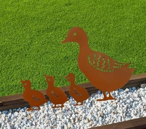 Garden Mile Lot de 4 décorations de jardin en forme de canard - Décoration d'extérieur en métal - Effet fer bronze - Parfait pour les cours, les parterres de fleurs, les jardinières
