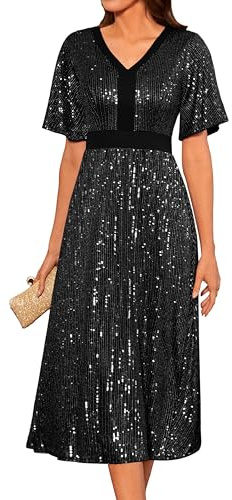 Women's Elegant Sequin Dress - Short Sleeve V-Neck Swing Cocktail A-Line Pleated Skirt for Evening and Casual Wear - M Black