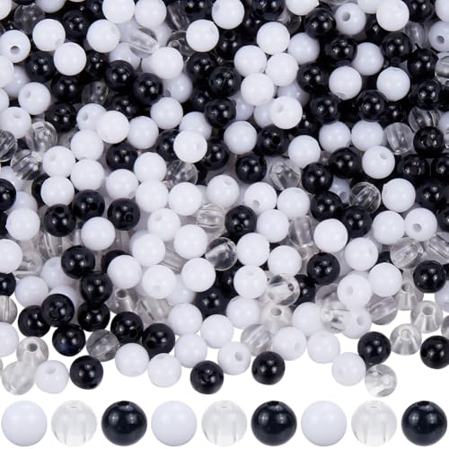 SUNNYCLUE 1200 Stück 3 Farben Schwarz Weiß Perlen Runde Acrylperlen Großpackung 6mm Kunststoff Transparent Klar Lose Abstandshalter Mini Lochperle Zum Perlensticken Schmuckherstellung Armbänder Halske