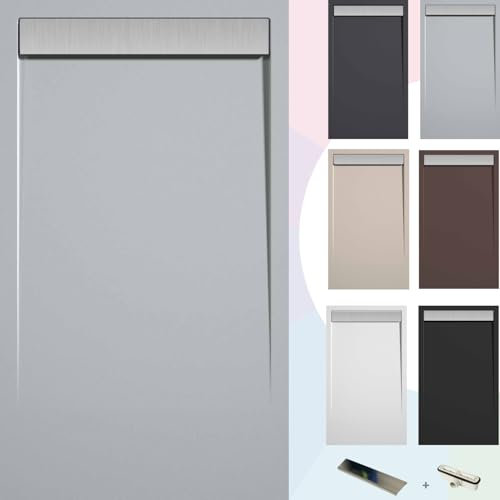 SOULBATH Plato de Ducha - Resina - Gel Coat - Textura Liso/Piedra - Antideslizante - Color Gris Claro - 180X70- Extraplano 3cm. Incluye Válvula de desagüe - Rejilla Inox.
