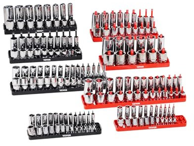VEVOR Socket Organizer Set, 8PCS High-Rod Socket Holder, 1/4'', 3/8'' & 1/2'' Metric SAE Socket Trays with Clear Labels, Hold up to 176PCS Standard & Deep Sockets, Black & Red (Socket Not Included)