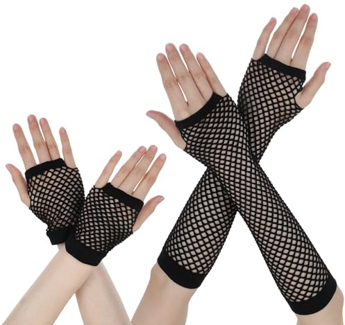 Piriuuo 2 Pairs Fishnet Gloves Fingerless, Elastic Fishnet Gloves Nylon Fishnet Arm Sleeves for Women Girls Costume Party (Black, Long & Short)