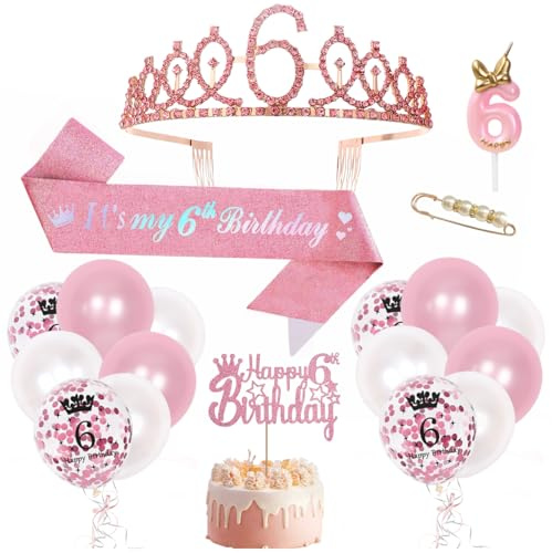6. Geburtstag Mädchen Deko, 6. Rosa Geburtstag Krone und Schärpe, Luftballon 6 Jahre, Happy Birthday Tortendeko mit Kerze, Crown Prinzessin Geburtstagskrone für Geburtstagsdeko Mädchen 6 Jahre