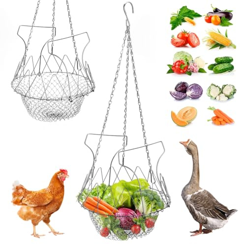 CEWROM Hühner Gemüse Obst Hängende Futterautomat, Faltbar 16,5 Zoll großer Spielzeug Huhn Feeder Geflügel Obsthalter mit 4 Ketten, Geflügel Obsthalter für Geflügel, Enten & Gänse, Futterspender