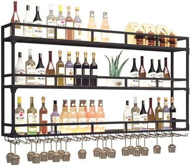 Scaffale sospeso industriale per bottiglie di liquore e bicchieri, con luce LED, da appendere al bar, in metallo, colore nero