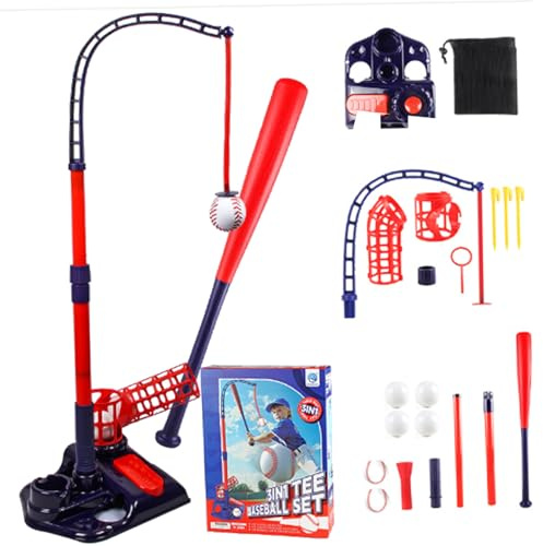 Pesoncarl tee Bole Bolle, Béisbol 3 en 1 Popper Set con máquina de Lanzamiento, bateo Ajustable, Bate de béisbol retráctil ＆ 4 Bolas, Popper for Kids Gifts