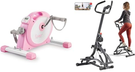 Sunny Health & Fitness Under Desk Smart Mini Pedal Exerciser, Dual Function Exercise Cycle Bike + Stair Stepper w/Handlebar, Extended Step Range Machine for Climbing Exercise, Height-Adjustable