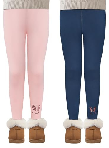 MASOCIO 2-pack termoleggings flickor fodrade leggings barn varma långa byxor storlek 104–158, Marinblå rosa, 110-116