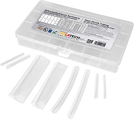 142-tlg. 3:1 mit Kleber Transparent Schrumpfschlauch Set unbeschriftet. Set Gesamtlänge von 8,3m in praktischen Box. Heißkleberschicht auf der Innenseite wasserdicht ISOLATECH | Unbeschriftet, 8,3m Gesamtlänge, in praktischer Sortimentsbox, Heißkleberschicht für wasserdichte Verbindungen