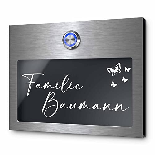 Türklingel mit Gravur LED-Klingelknopf und über 99 Motive 15x12 cm | Modell: Wundermann-Aa | gravierte Klingel aus Hochglanz Acrylglas und Edelstahl Klingelschild