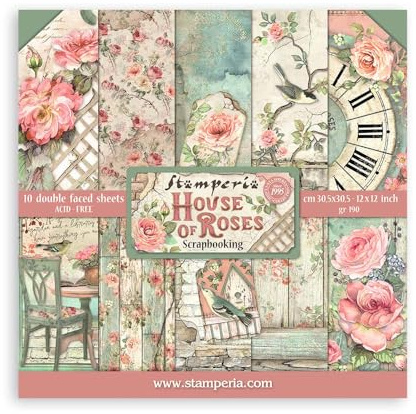Stamperia Bloc de Scrapbooking 10 Hojas 30.5x30.5 (12x12) 2 Caras-House of Roses, Papel, Multicolor, 30.5cmX30.5cm