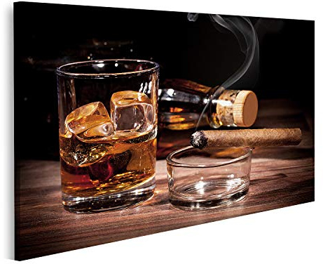 islandburner Tableau sur toile Verre de whisky cigare fond noir Cadre Affiche Poster Murale Tableaux