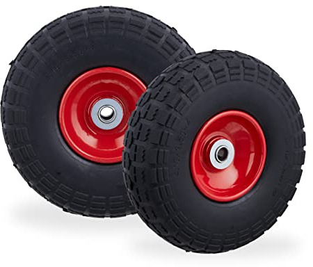 4x Ruote per Carrello, Pneumatici in Gomma Antipanne, 4.1/3.5-4, Asse 16mm, fino a 150 kg, 260x85mm, Nero Rosso