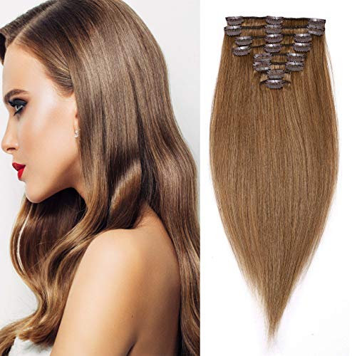 Clip in Extensions Echthaar Haarverlängerung Haarteil 8 Tressen hitzebeständig glatt Hellbraun#6 33 cm (80 g)