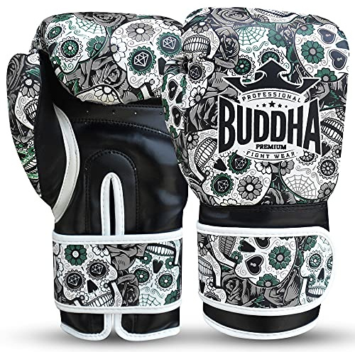 BUDDHA FIGHT WEAR - Fantasy mexikanska boxningshandskar svarta, Muay Thai - Kick Boxning, PU-läder, luktbeständigt innertyg, förstärkt sömnad (svart, 25 ml)