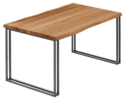 LAMO Manufaktur Esstisch Küchentisch Schreibtisch Couchtisch aus Massivholz, mit Baumkante 140x80x76 cm (AxBxH), Frame, Dunkel/Rohstahl mit Klarlack, LAB-01-A-004-0000Fr