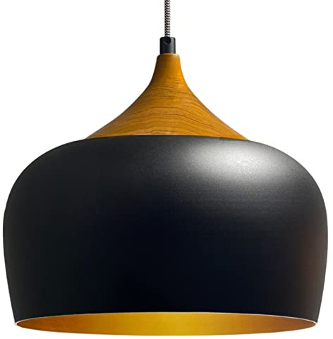 bamyum Kreis Pendelleuchte Esstisch Holzgemustert Schwarz Gold Ø30 cm, Hängelampe Esstisch Holzgemustert, Skandinavisch Pendelleuchte Vintage, Küchenlampe Hangend Vintage, Hängelampe Schwarz Gold