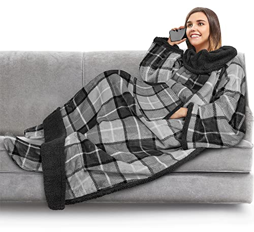 PAVILIA Fleece Blanket with Sleeves, Foot Pockets for Women Men Adults, Plush Wearable Blanket Throw, Warm Blanket Cozy Gift
