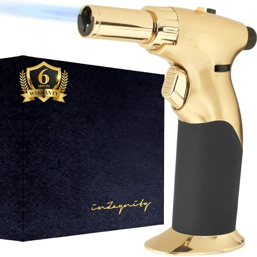 inZaynity Dual Flame Butane Torch Gun - Refillable Luxury Hand Held Mini Blow Torch for Cooking, Creme Brulee, Soldering, Welding, & Resin Art - Adjustable Flame with Ignition Lock - Gold Black by