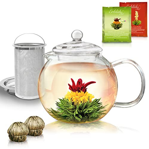 Creano Teekanne aus Glas 1,3l - inklusive 2 Teeblumen - Glasteekanne mit Integriertem Edelstahl-Sieb und Glas-Deckel, tropffrei