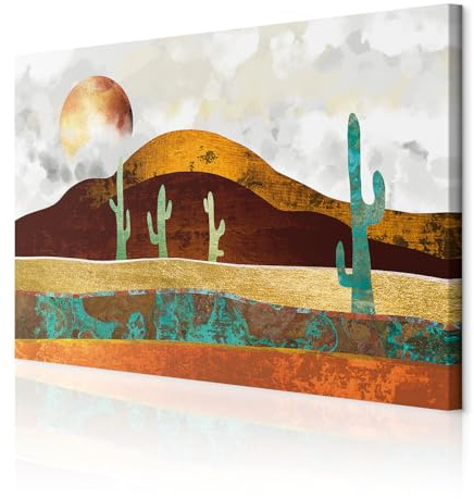 decomonkey Wandbilder Landschaft 60x40 cm 1 Teilig Leinwandbilder Wanddeko | Strukturleinwand, Holzkeilrahmen, Bild auf Leinwand, Kunstdruck, Wohnzimmer, Wanddekoration, Modern, Abstrakt, Kaktus, Sonne