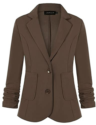 MINTLIMIT Women's 3/4 Ruched Sleeve Open Front Lightweight Work Office Blazer Jacket,BN-Dark Brown,S