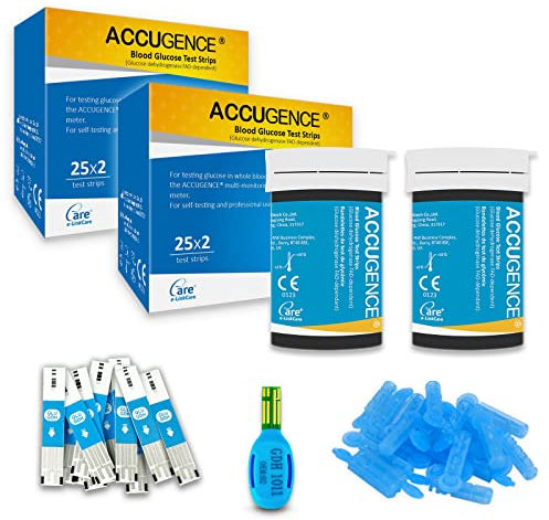 ACCUGENCE 100 Tiras Glucosa, Tiras de Prueba de Glucosa, Tiras Reactivas Glucosa para y 100 lancetas (Apropiadas para el ACCUGENCE PM900 3 en 1 Monitor multifuncional)